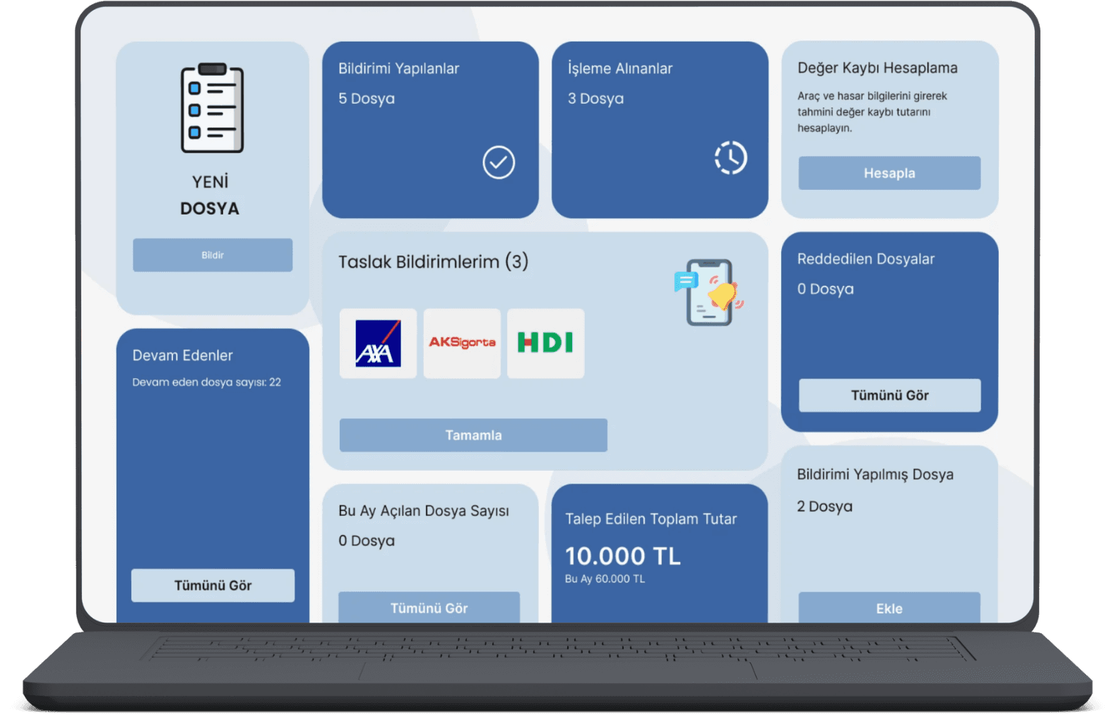 HasarLink web uygulamasının masaüstü ana ekranı