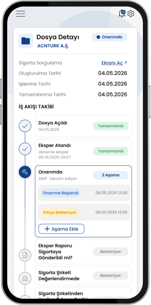 Dosya aşamalarını, taraf bilgilerini, kaza detaylarını ve yüklenen belgeleri gösteren uzun dosya detay ekranı