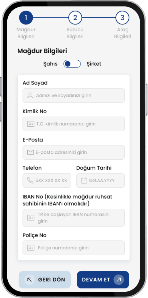 Mağdur, sürücü ve araç bilgileri adımlarından mağdur bilgileri form ekranı