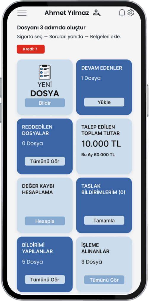 HasarLink mobil ana sayfasında dosya oluşturma, devam eden dosyalar ve bildirim durumları
