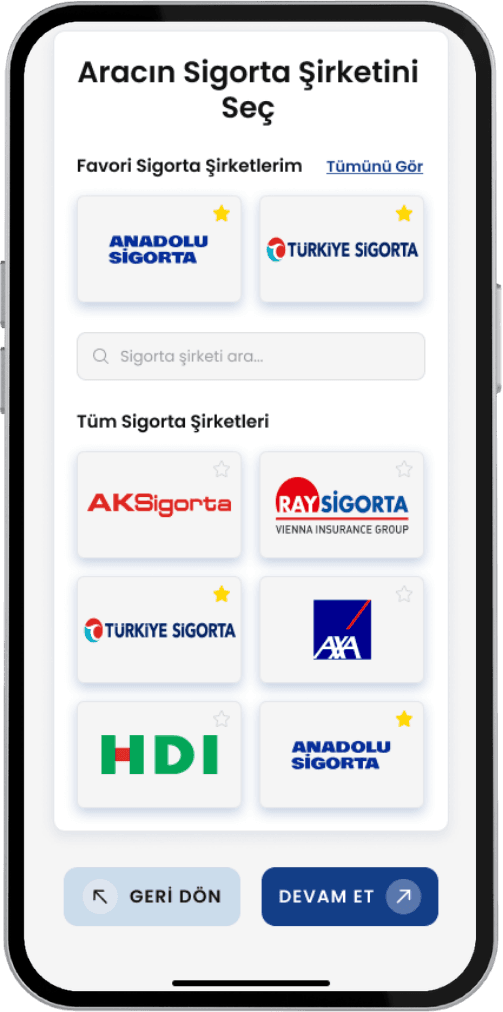 Favori ve tüm sigorta şirketlerinin listelendiği sigorta şirketi seçim ekranı