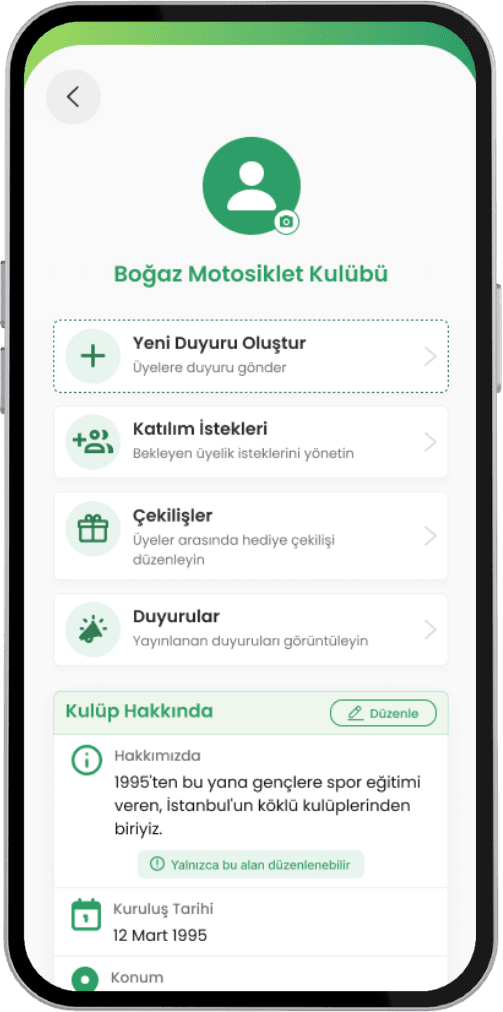 Kulüp sahibi ve standart kullanıcı için farklı aksiyonların sunulduğu kulüp profil ekranları