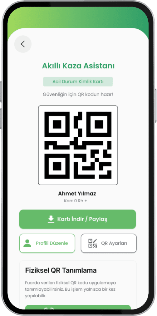 Profil, QR Acil Durum Kartı, gizlilik ayarları ve QR şablonları